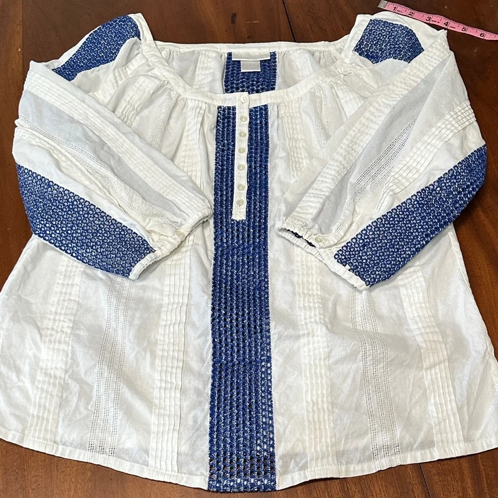 Soft Surroundings White and Navy Blouse - Picture 3 of 11